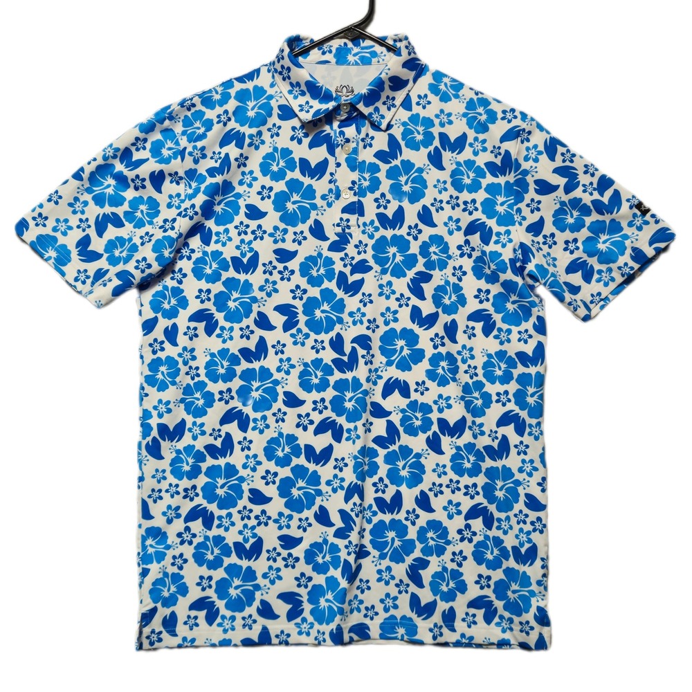 Kaipar Mens Large Blue White Hibiscus Floral Performance Golf Polo Shirt